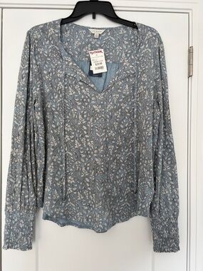 Lucky Brand Blue and Cream Paisley V-Neck Long Sleeve Blouse